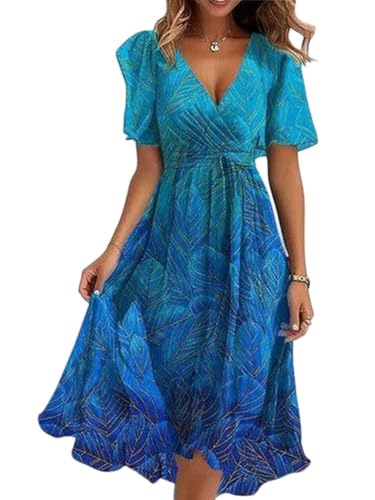 Onsoyours Damen Sommerkleid Chiffon V-Ausschnitt Cocktailkleid Elegant Knielang Abendkleid Blumendruck Kurzarm Hochzeitsgäste Festkleid A Linie Kleid Freizeitkleid A06 Blau L von Onsoyours
