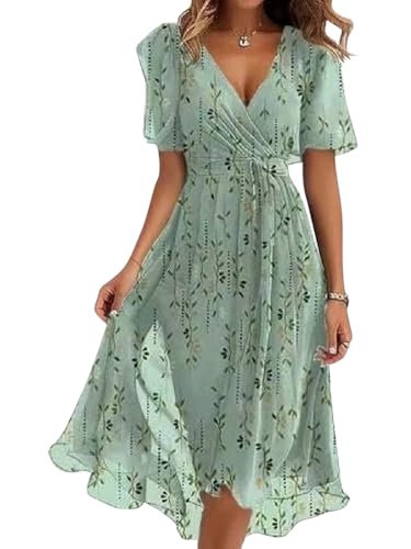 Onsoyours Damen Sommerkleid Chiffon V-Ausschnitt Cocktailkleid Elegant Knielang Abendkleid Blumendruck Kurzarm Hochzeitsgäste Festkleid A Linie Kleid Freizeitkleid A10 Hellgrün L von Onsoyours