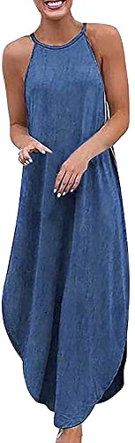 Onsoyours Damen Sommerkleid Freizeit ärmelloses Maxikleid Lässiges Lockeres Strandkleid Lang Jeanskleid Freizeitkleid Elegant Kleider X 02 Blau 40 von Onsoyours