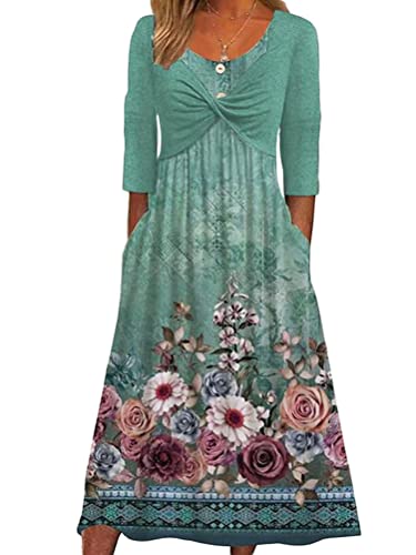 Onsoyours Damen Sommerkleid Halbarm Rundhals Vintage Kleid Blumenmuster Strandkleid Hohe Taille 2 Stück A-Linie Midikleid Boho Kleid Lang Partykleid Sommer A Grün 3XL von Onsoyours