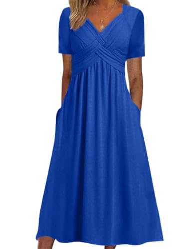 Onsoyours Damen Sommerkleid Halbarm Rundhals Vintage Kleid Blumenmuster Strandkleid Hohe Taille 2 Stück A-Linie Midikleid Boho Kleid Lang Partykleid Sommer C Blau XL von Onsoyours