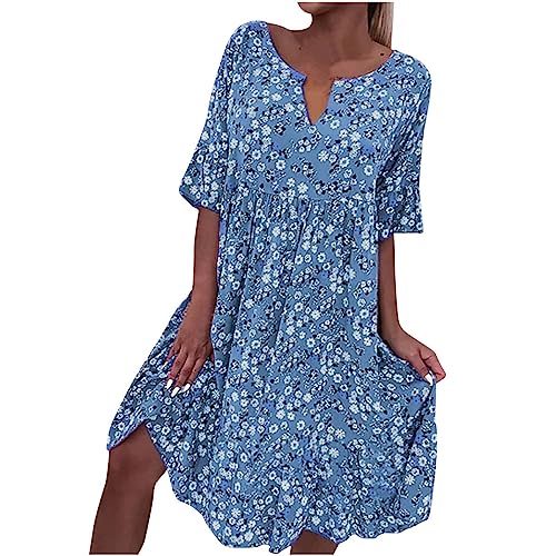 Onsoyours Damen Sommerkleid Knielang Strandkleid Kurzarm Swing Tunika Lässiges Kleider Sexy Elegant Boho Blusenkleid Sommer Lockeres Kleid Blumendruck V-Ausschnitt Minikleid A Hellblau L von Onsoyours