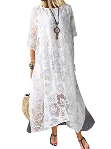 Onsoyours Damen Sommerkleid Knopfleiste Elegant Knielang Volant Kleid Kurzarm Polka Dot Freizeitkleider mit Gürtel B Weiß 44 von Onsoyours