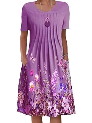 Onsoyours Damen Sommerkleid Kurzarm Knielang T-Shirt Kleider Casual Elegant Boho Blumen Strandkleider Freizeitkleid mit Taschen B Violett XXL von Onsoyours