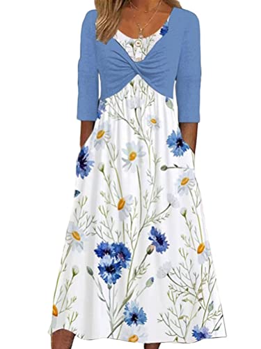 Onsoyours Damen Sommerkleid Kurzarm Rundhals Midi Kleider A Linie Kleid Elegant Blumendruck Midikleid Strandkleider Freizeitkleid und Sonnenschutz-Oberbekleidung A Blau05 S von Onsoyours