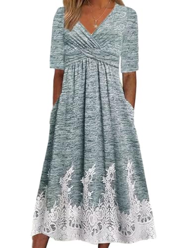 Onsoyours Damen Sommerkleid Kurzarm Rundhals Midi Kleider A Linie Kleid Elegant Blumendruck Midikleid Strandkleider Freizeitkleid und Sonnenschutz-Oberbekleidung B Grau XXL von Onsoyours