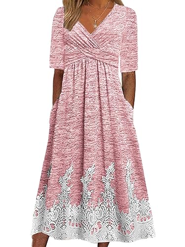 Onsoyours Damen Sommerkleid Kurzarm Rundhals Midi Kleider A Linie Kleid Elegant Blumendruck Midikleid Strandkleider Freizeitkleid und Sonnenschutz-Oberbekleidung B Rosa XXL von Onsoyours