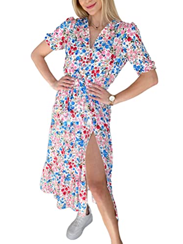 Onsoyours Damen Sommerkleid Kurzarm V-Ausschnitt Knielang Blumenmuster Partykleid Mit Taschen 05 Blau 40 von Onsoyours