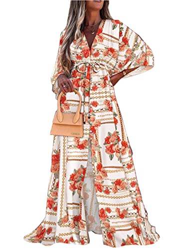Onsoyours Damen Sommerkleid Lang Kurzarm Hohe Taille Maxikleid Casual Lose Freizeitkleid Einfarbig Blumen Mit Taschen Z Orange M von Onsoyours