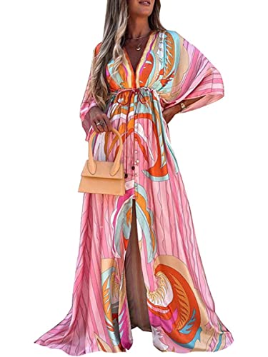 Onsoyours Damen Sommerkleid Lang Kurzarm Hohe Taille Maxikleid Casual Lose Freizeitkleid Einfarbig Blumen Mit Taschen Z Rosa 3XL von Onsoyours