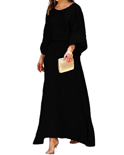Onsoyours Damen Sommerkleid Langarm Top und Langer Rock Zweiteiliges Set Lose Rundhalsausschnitt Oberteil Maxirock Kleid Für Damen Elegante Kleider A Schwarz M von Onsoyours