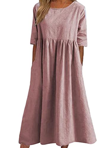 Onsoyours Damen Sommerkleid Leinenkleider Casual Rundhalsausschnitt Kurzarm Midi Kleid Lange Tunika Bluse Kleider Sommer A Rosa XXL von Onsoyours