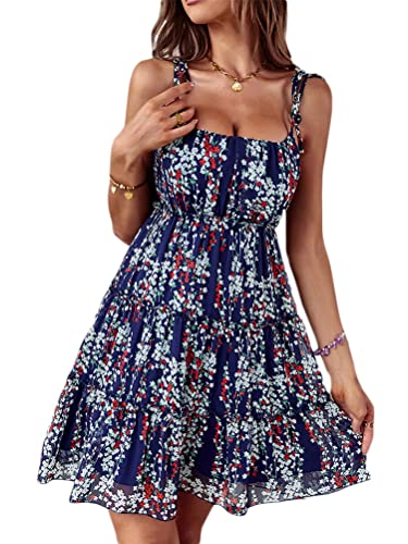 Onsoyours Damen Sommerkleid Spaghettiträger Blumenkleid A-Linie Loses Strandkleid Minikleid Freizeitkleid A Schwarz M von Onsoyours
