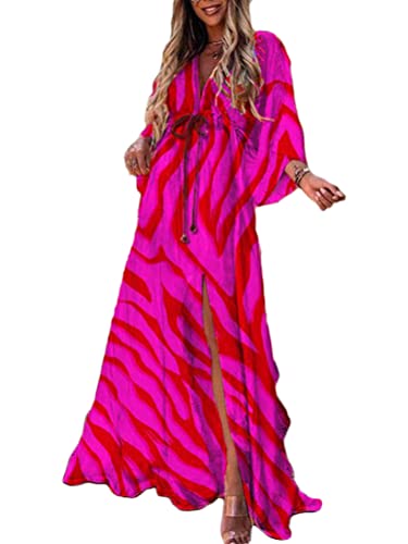 Onsoyours Damen Sommerkleid Tunika Kleid Boho Kleid Vintage Kleid Lose Casual Swing Kleid Lange Maxikleid Partykleid Cocktailkleid Strandkleid X Rose Rot 3XL von Onsoyours