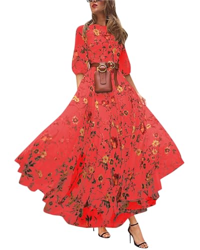 Onsoyours Damen Sommerkleid Tunika Kleid Boho Kleid Vintage Kleid Lose Casual Swing Kleid Lange Maxikleid Partykleid Strandkleid Cocktailkleid 06 Rot XXL von Onsoyours