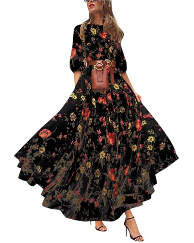 Onsoyours Damen Sommerkleid Tunika Kleid Boho Kleid Vintage Kleid Lose Casual Swing Kleid Lange Maxikleid Partykleid Strandkleid Cocktailkleid 06 Schwarz M von Onsoyours