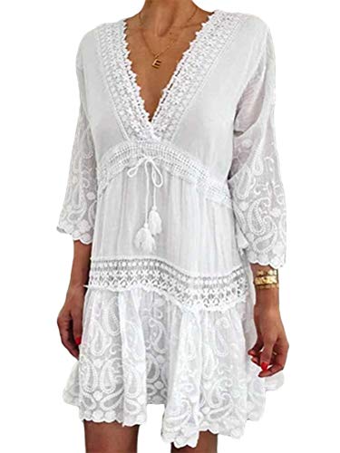 Onsoyours Damen Sommerkleid V-Ausschnitt Böhmisch Kleider A Linien Kleid Floral Minikleid Lange Ärmel Strandkleid Tunika Mini Kleider B Weiß L von Onsoyours