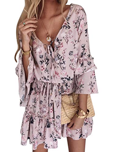 Onsoyours Damen Sommerkleid V-Ausschnitt Böhmisch Kleider A Linien Kleid Floral Minikleid Lange Ärmel Strandkleid Tunika Mini Kleider D Rosa XXL von Onsoyours