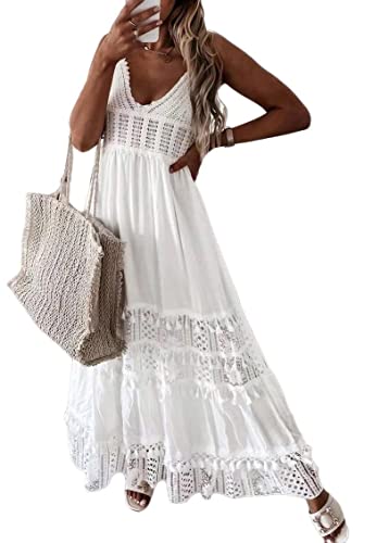 Onsoyours Damen Sommerkleid V Ausschnitt Floral Spitze Quasten Spaghetti Trägerkleid Freizeitkleider Party Boho Beach Maxi Dress Strand Hochzeit Festlich E Weiß 3XL von Onsoyours