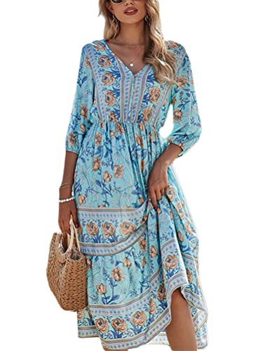 Onsoyours Damen Sommerkleid V-Ausschnitt Freizeit Kleid Casual Elegant A-Linie Knielang Blumen Maxikleid Boho Strandkleider Tunika Kleid mit Schlitz C Blau XL von Onsoyours