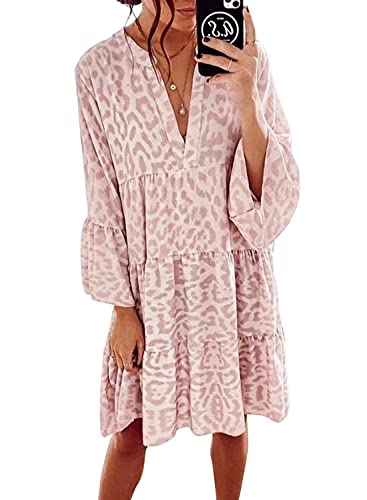 Onsoyours Damen Sommerkleid V-Ausschnitt Kleider A Linien Kleid Floral Minikleid Strandkleid Mode Casual Rüschenärmel Druck Knielanges Kleid A Rosa XL von Onsoyours