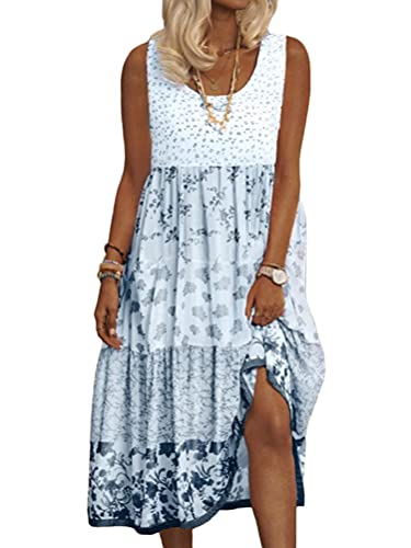 Onsoyours Damen Sommerkleid V-Ausschnitt Spitze Druck Strandkleid A-Linie Kleid Boho Knielang Kleider Ärmellos T-Shirt Kleid Longshirt Tanktops C Blau 40 von Onsoyours