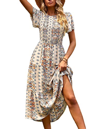 Onsoyours Damen Sommerkleider Lang Boho Kleider Blumenkleid Maxikleid Kurzarm Strandkleid Blumenmuster Partykleid F Aprikose M von Onsoyours