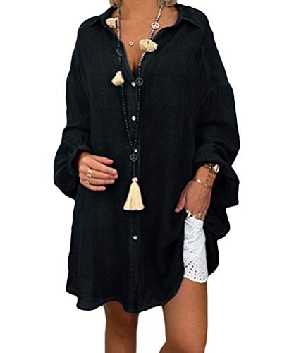 Onsoyours Damen Sommerkleider Leinen V-Ausschnitt Strandkleider Langarm Casual A-Linie Lose Minikleid Boho Blumendruck Knielanges Kleid Z2 Schwarz 48 von Onsoyours