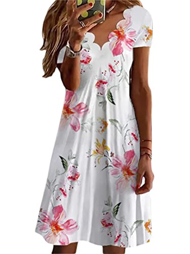 Onsoyours Damen Sommerkleider Retro Boho Blumenmuster Casual Ärmeln Lässiges Strandkleid Elegant A Linie Swing Dating-Kleid Cocktailkleid G Rosa M von Onsoyours