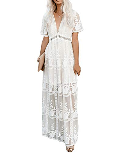 Onsoyours Damen Sommerkleider V-Ausschnitt Strandkleider Einfarbig Kurzarm Casual A-Linie Kleid Boho Kleid C Weiß M von Onsoyours