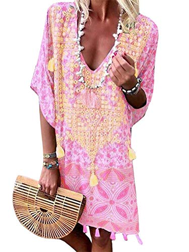 Onsoyours Damen Sommerkleider V-Ausschnitt Strandkleider Kurzarm Casual A-Linie Boho Kleid Bohemian Quaste Kleid Retro Bikini Cover Up B Rosa DE 44 von Onsoyours