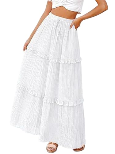 Onsoyours Damen Sommerrock Boho Flowy Maxi Langer Rock Elastische Taille Unifarben Strandrock Maxirock Damen Lang E Weiß M von Onsoyours