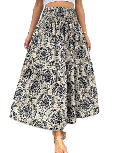 Onsoyours Damen Sommerrock Lang Boho Vintage Bedruckter Rock Hoher Taille Elastischer A-Linie Rock Freizeitrock Bequemer Midirock Freizeitrock Strandrock A Druck-1 M von Onsoyours