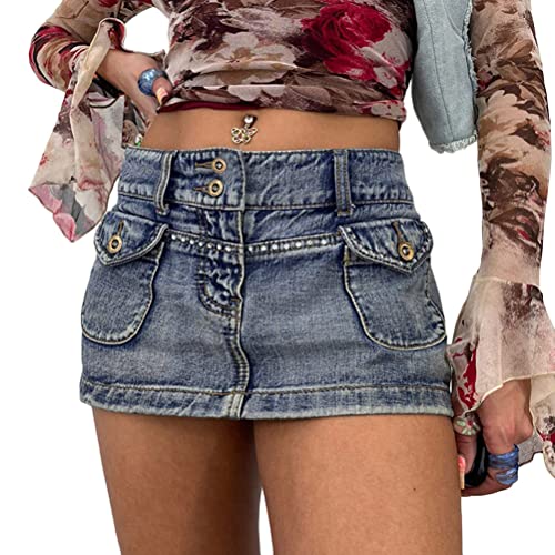 Onsoyours Damen Sommerrock Y2k Aesthetic Cargo Jeansrock Sexy Niedriger Taille Enger Rock Minirock Mode Jeans Rock Harajuku Kurz Rock Streetwear G Blau S von Onsoyours