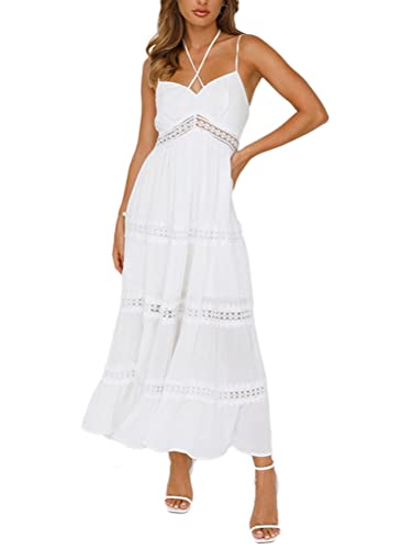 Onsoyours Damen Spitze Kleider V-Ausschnitt Ärmellos Sommerkleid Hohe Taille Maxikleid Lang Casual Rüschenkleid Minikleider L Weiß M von Onsoyours