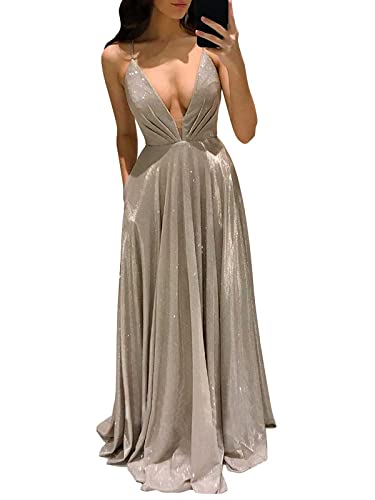 Onsoyours Damen Spitze Off Shoulder Plissee Ärmelloses Schlitz Elegante Maxikleid Partykleid Abendkleid D Aprikose XL von Onsoyours