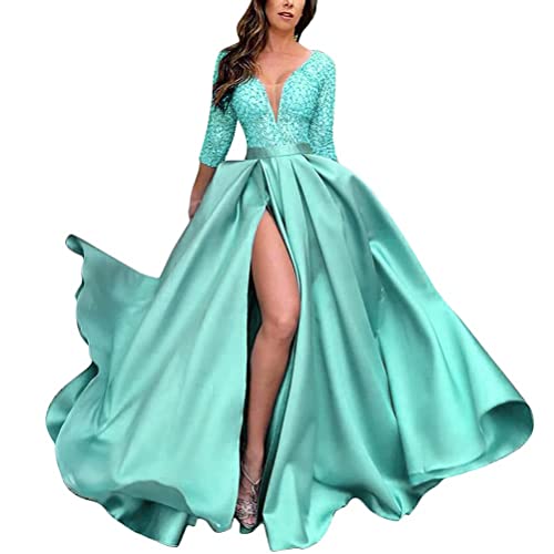 Onsoyours Damen Spitze Off Shoulder Plissee Kurzarm Schlitz Elegante Maxikleid Partykleid Abendkleid B Hellblau XXL von Onsoyours