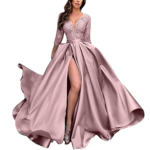 Onsoyours Damen Spitze Off Shoulder Plissee Kurzarm Schlitz Elegante Maxikleid Partykleid Abendkleid B Rosa XS von Onsoyours