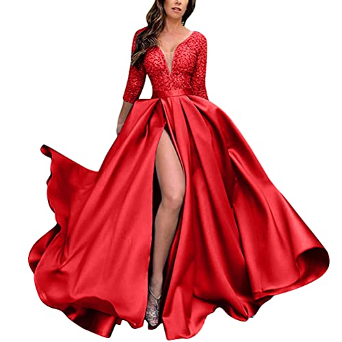 Onsoyours Damen Spitze Off Shoulder Plissee Kurzarm Schlitz Elegante Maxikleid Partykleid Abendkleid B Rot L von Onsoyours