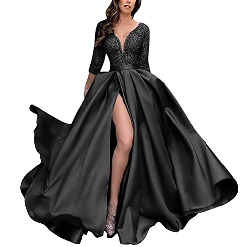 Onsoyours Damen Spitze Off Shoulder Plissee Kurzarm Schlitz Elegante Maxikleid Partykleid Abendkleid B Schwarz L von Onsoyours