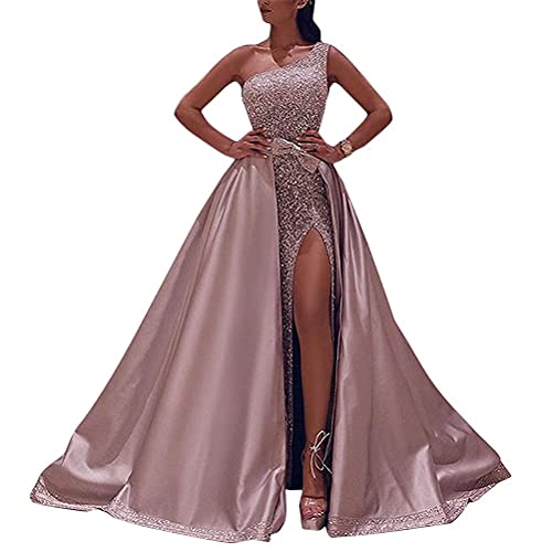 Onsoyours Damen Spitze Off Shoulder Plissee Kurzarm Schlitz Elegante Maxikleid Partykleid Abendkleid C Rosa XXL von Onsoyours