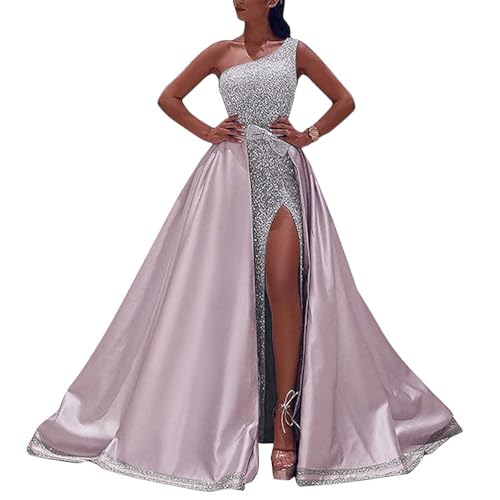 Onsoyours Damen Spitze Off Shoulder Plissee Kurzarm Schlitz Elegante Maxikleid Partykleid Abendkleid C Rosa XXL von Onsoyours