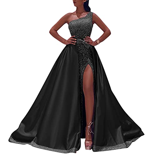 Onsoyours Damen Spitze Off Shoulder Plissee Kurzarm Schlitz Elegante Maxikleid Partykleid Abendkleid C Schwarz XXL von Onsoyours