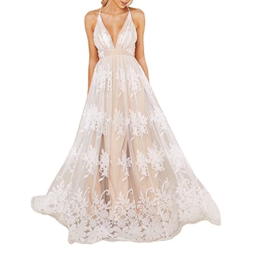 Onsoyours Damen Spitze Off Shoulder Plissee Kurzarm Schlitz Elegante Maxikleid Partykleid Abendkleid E Weiß XS von Onsoyours