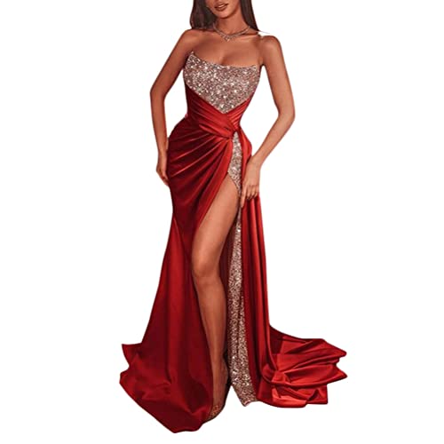 Onsoyours Damen Spitze Off Shoulder Plissee Kurzarm Schlitz Elegante Maxikleid Partykleid Abendkleid F Rot XS von Onsoyours