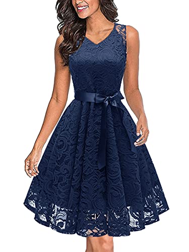 Onsoyours Damen Spitzenkleid Brautjungfer Elegant Party Knielang Cocktailkleid Chiffon Ärmellos Abendkleider A Dunkelblau XS von Onsoyours