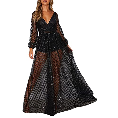 Onsoyours Damen Spitzenkleid Brautjungfer Elegant Party Maxikleid Cocktailkleid Chiffon Kurzarm H Schwarz M von Onsoyours