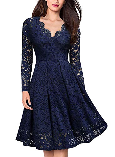 Onsoyours Damen Spitzenkleid Cocktailkleid Langarm Elegant V-Ausschnitt Hollow Out Spitze Swing Plissee Party Abendkleider Knielang Ballkleid A Marine XXL von Onsoyours