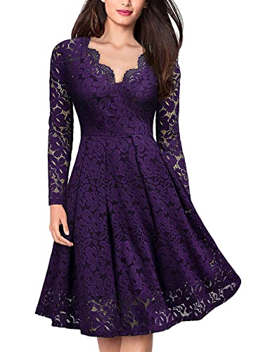 Onsoyours Damen Spitzenkleid Cocktailkleid Langarm Elegant V-Ausschnitt Hollow Out Spitze Swing Plissee Party Abendkleider Knielang Ballkleid A Violett S von Onsoyours