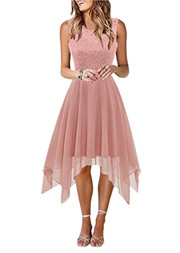 Onsoyours Damen Spitzenkleid Elegant Cocktailkleid Ärmellos Abendkleid Chiffon Hochzeitskleid Brautjungfer Freizeitkleid Kleid mit Unregelmäßig Saum A Rosa XS von Onsoyours